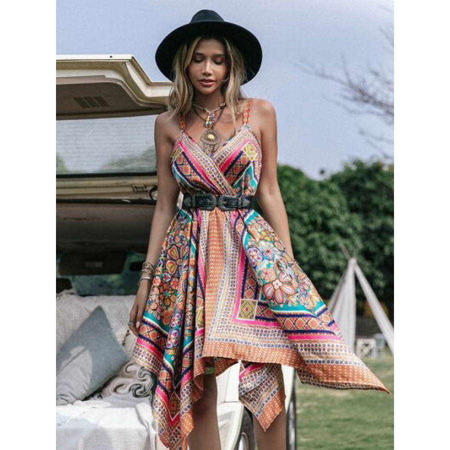Printed Surplice Handkerchief Hem Cami Dress Multicolor / S Apparel and Accessories