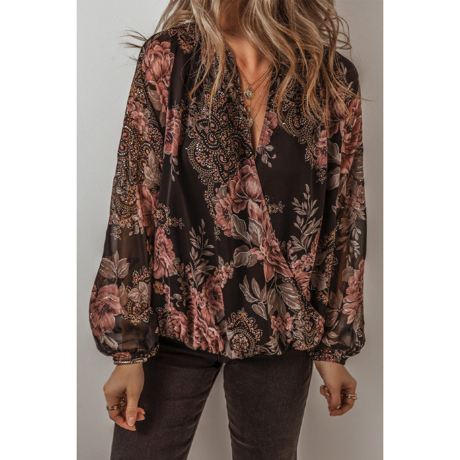 Printed Surplice Long Sleeve Blouse Apparel and Accessories