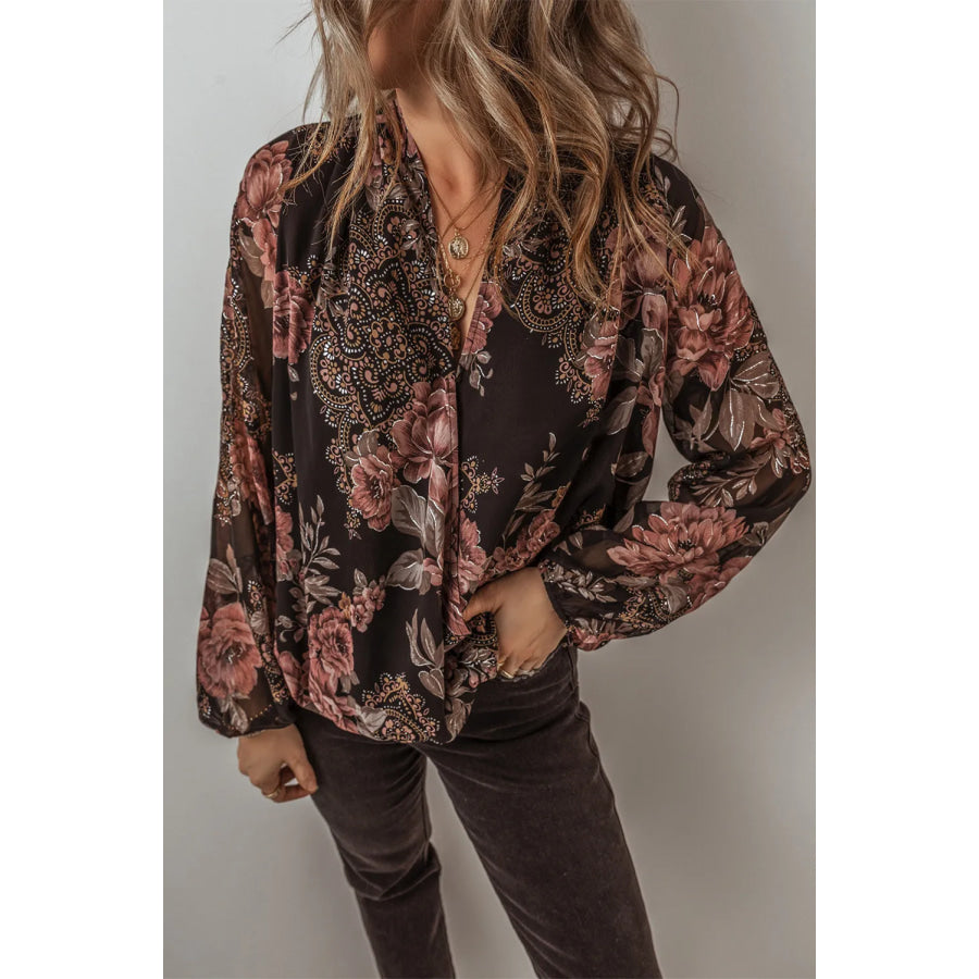 Printed Surplice Long Sleeve Blouse Apparel and Accessories