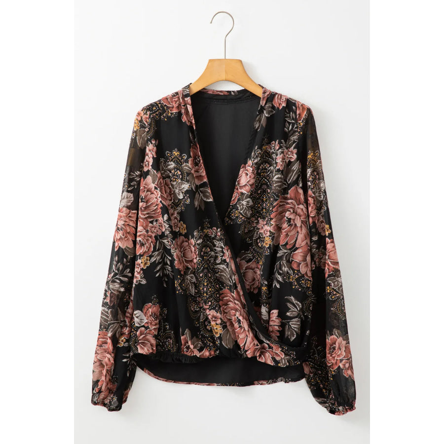 Printed Surplice Long Sleeve Blouse Apparel and Accessories