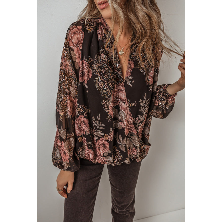 Printed Surplice Long Sleeve Blouse Apparel and Accessories