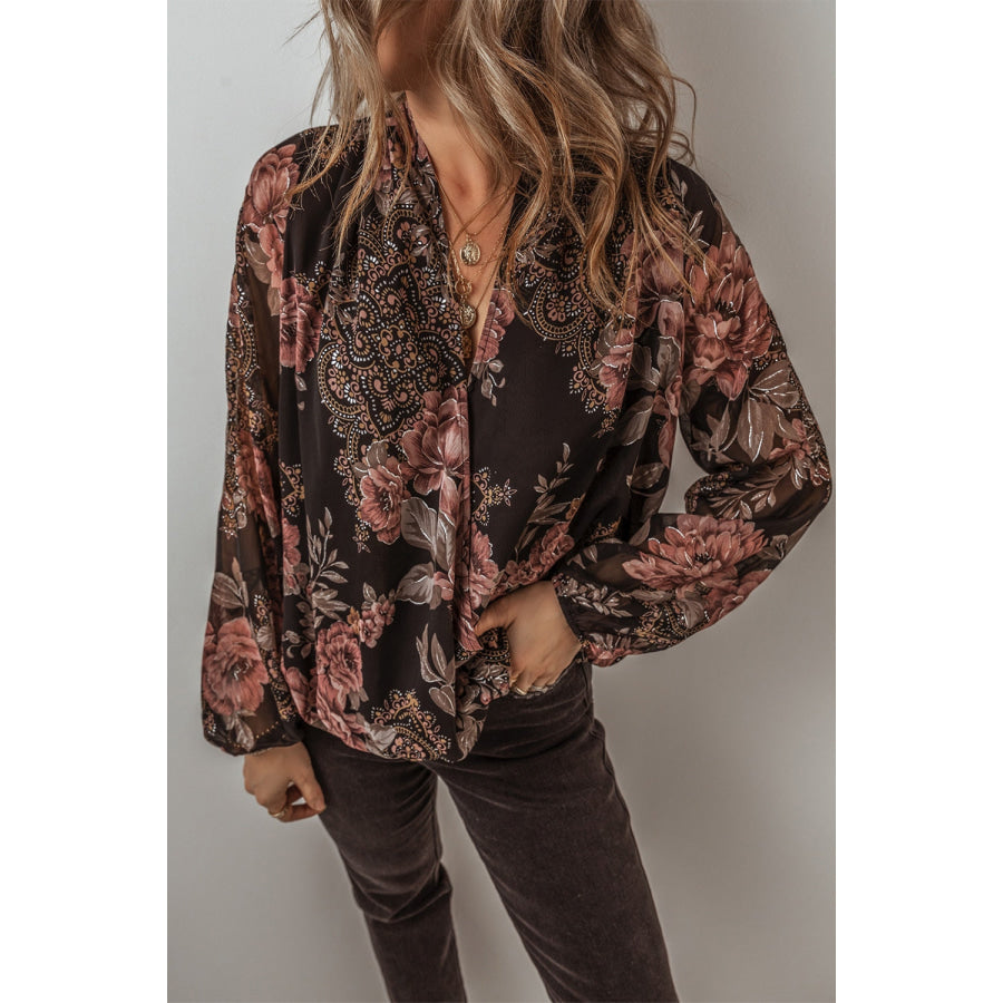 Printed Surplice Long Sleeve Blouse Apparel and Accessories