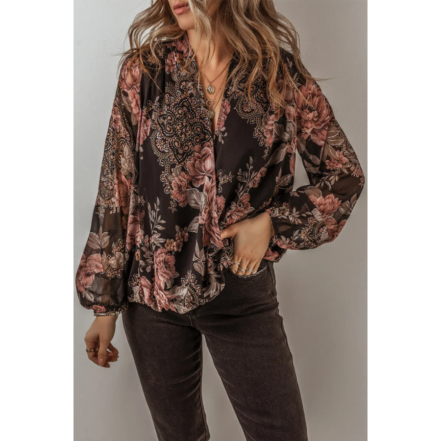 Printed Surplice Long Sleeve Blouse Apparel and Accessories