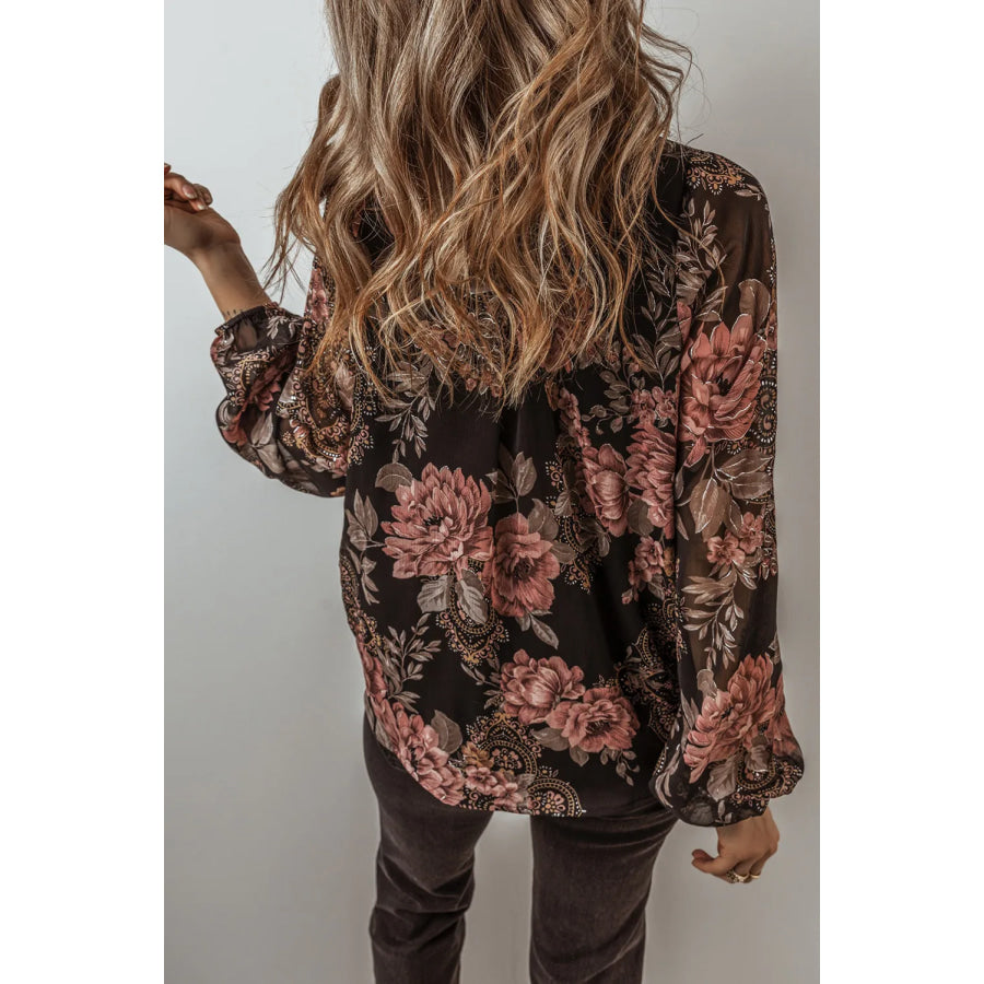 Printed Surplice Long Sleeve Blouse Apparel and Accessories