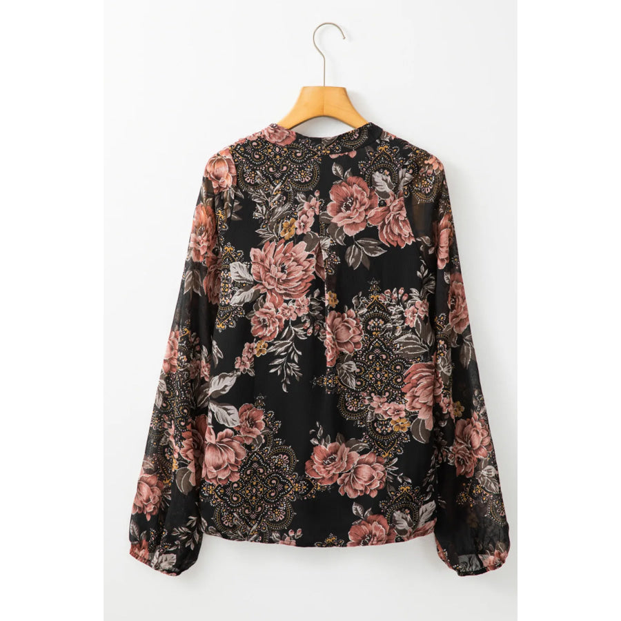 Printed Surplice Long Sleeve Blouse Apparel and Accessories