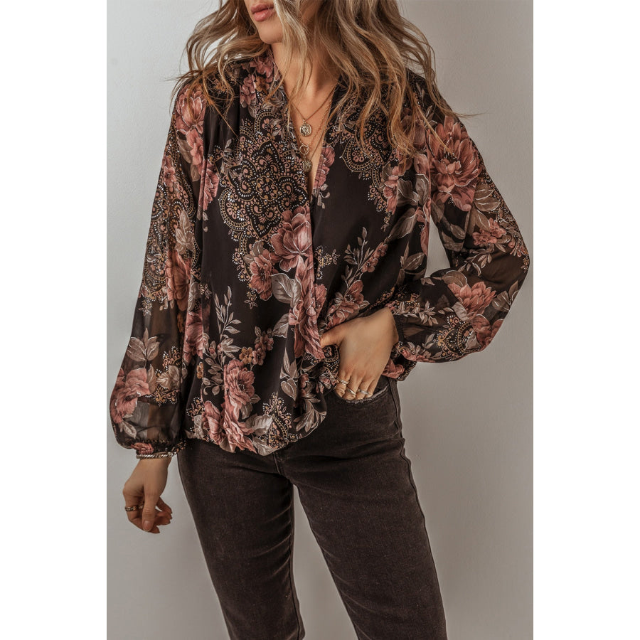 Printed Surplice Long Sleeve Blouse Black / S Apparel and Accessories