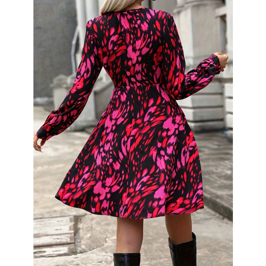 Printed Surplice Long Sleeve Dress Deep Rose / S Apparel and Accessories