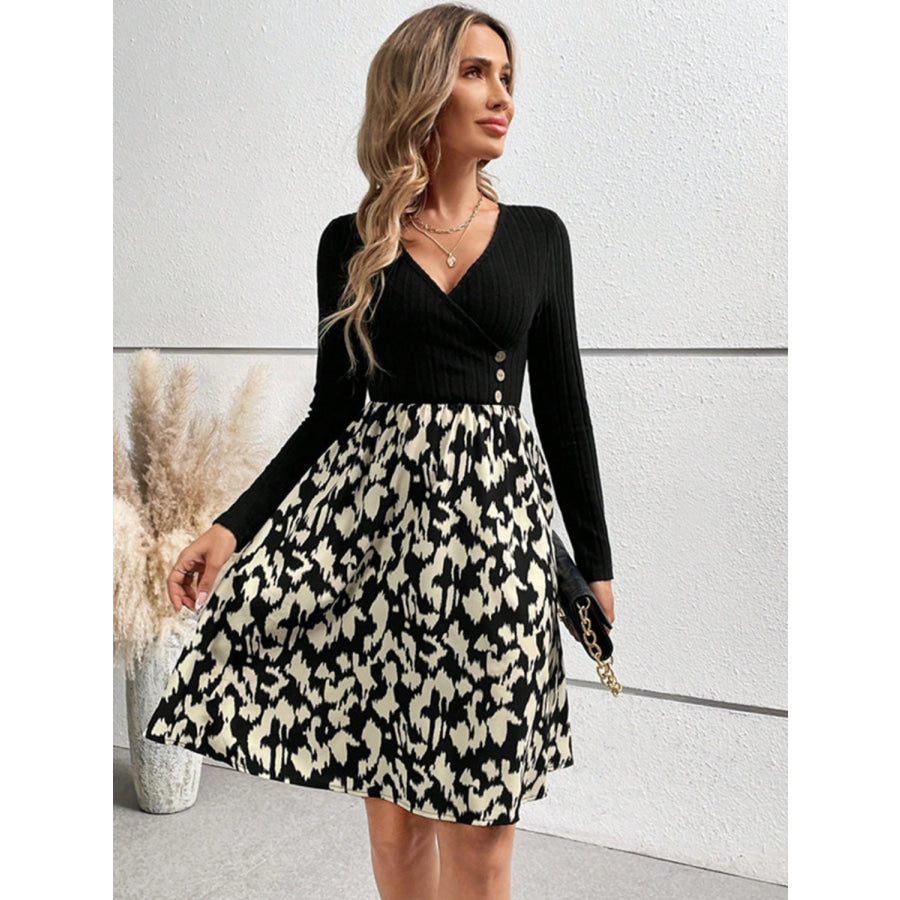 Printed Surplice Long Sleeve Dress Apparel and Accessories