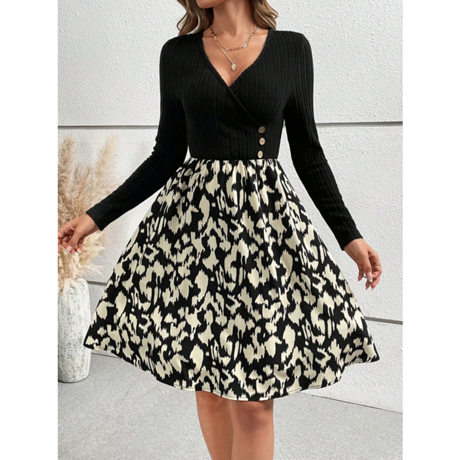 Printed Surplice Long Sleeve Dress Black / S Apparel and Accessories