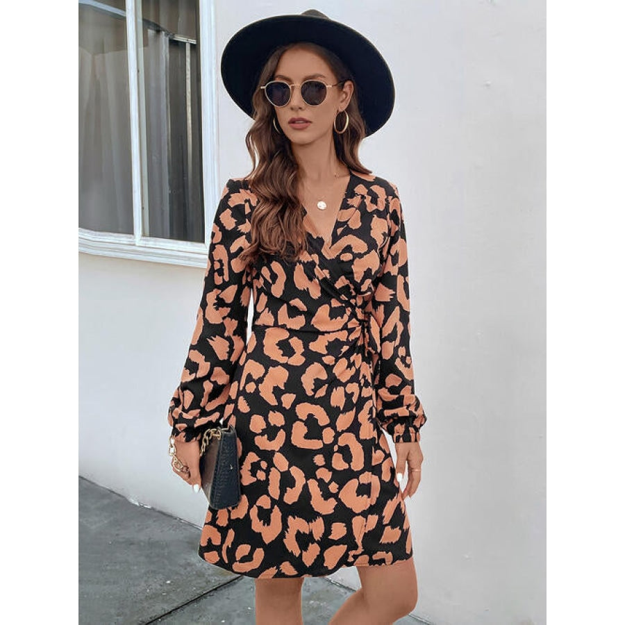 Printed Surplice Long Sleeve Dress Caramel / S Shirts &amp; Tops