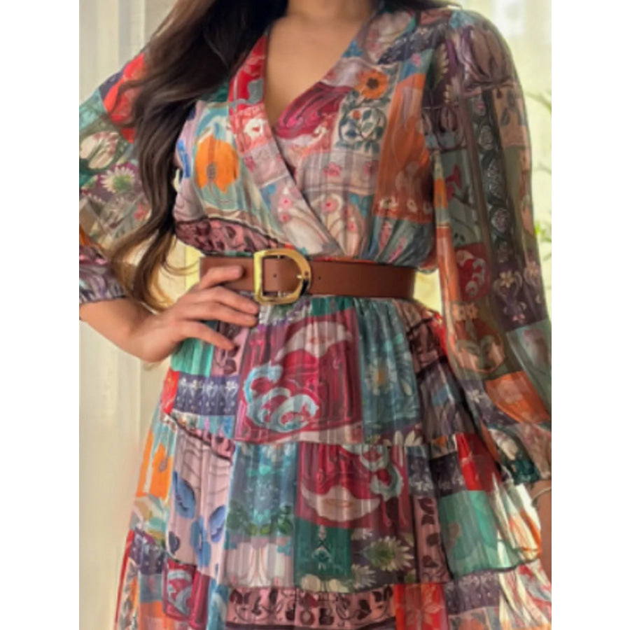 Printed Surplice Long Sleeve Maxi Dress Apparel and Accessories