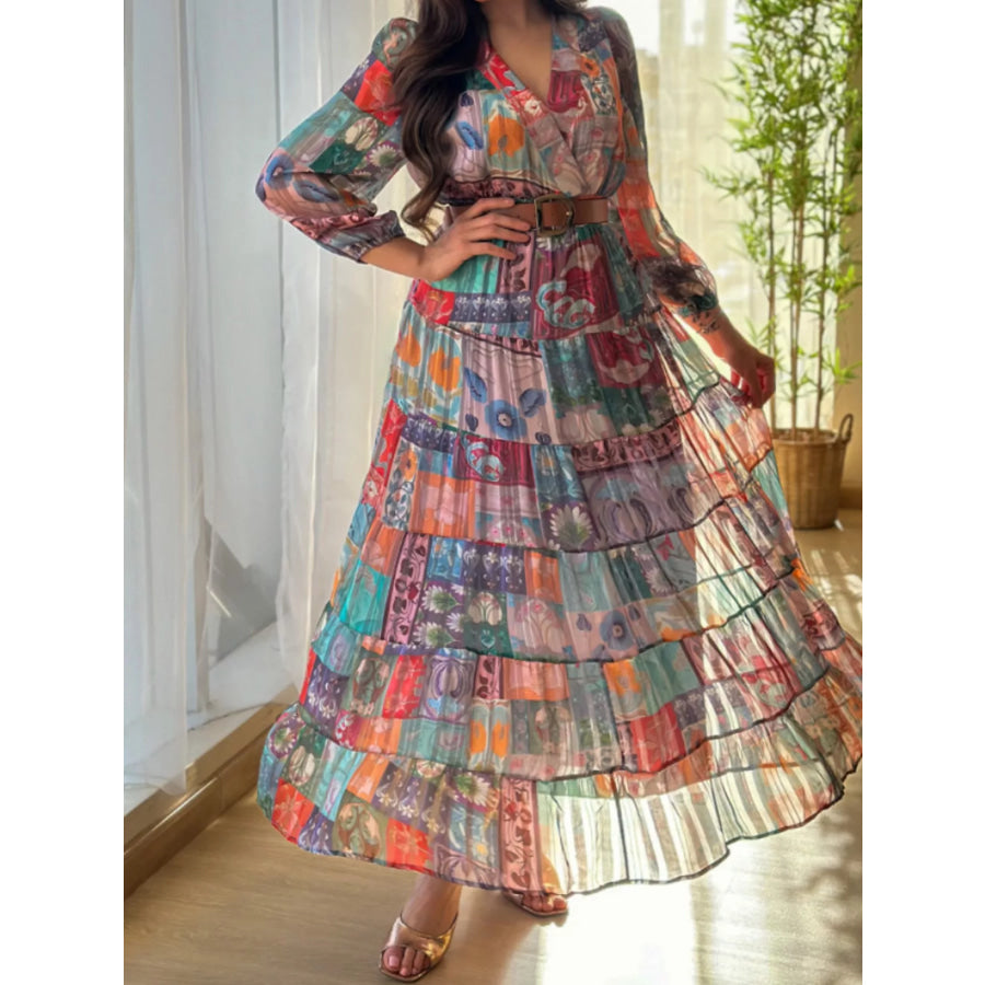 Printed Surplice Long Sleeve Maxi Dress Apparel and Accessories