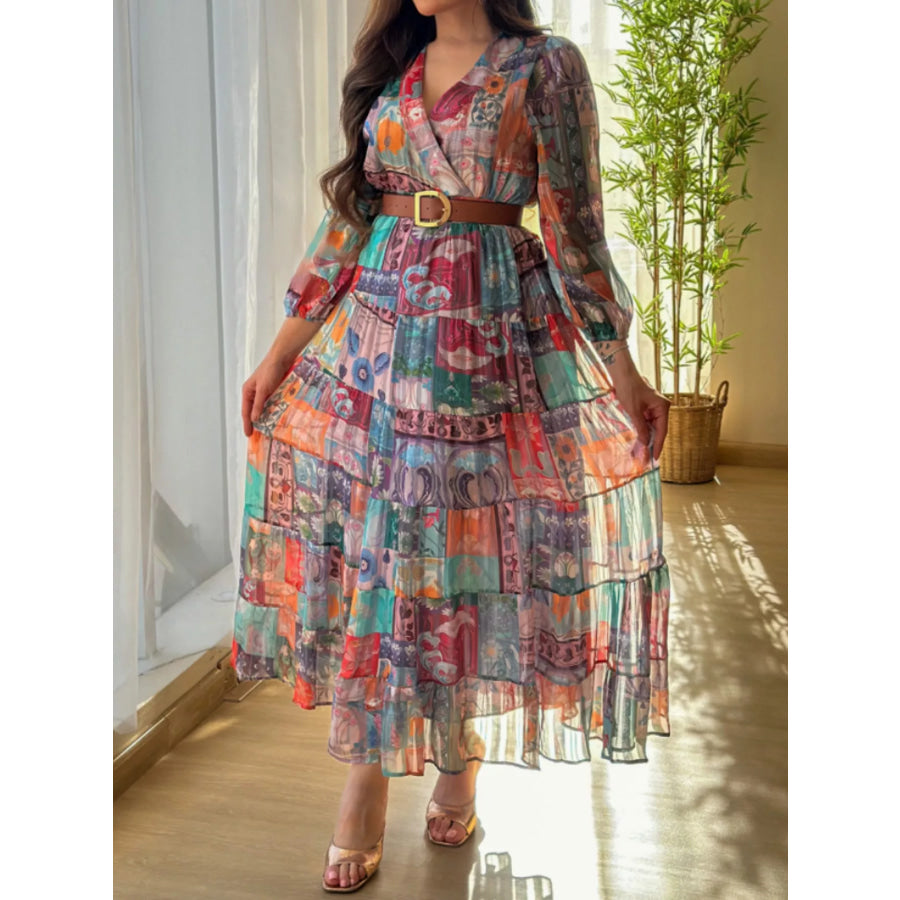 Printed Surplice Long Sleeve Maxi Dress Apparel and Accessories