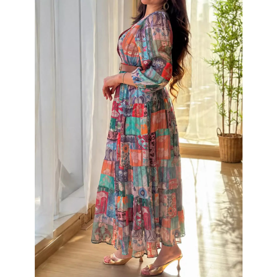 Printed Surplice Long Sleeve Maxi Dress Apparel and Accessories