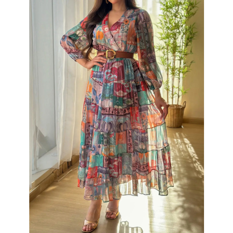 Printed Surplice Long Sleeve Maxi Dress Multicolor / S Apparel and Accessories