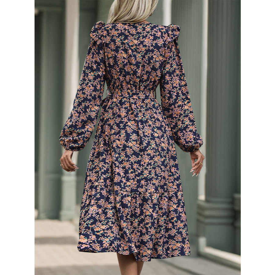 Printed Surplice Long Sleeve Midi Dress Dark Navy / S Apparel and Accessories