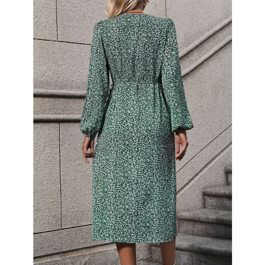 Printed Surplice Long Sleeve Midi Dress Turquoise / S Apparel and Accessories