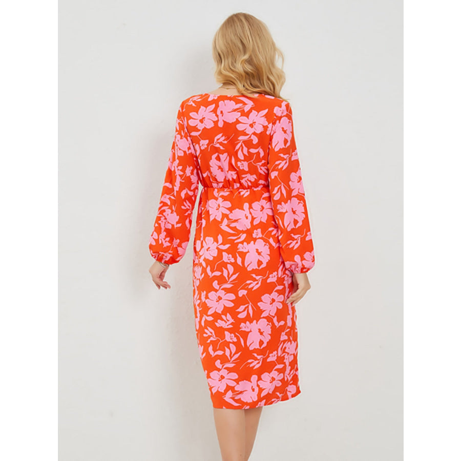 Printed Surplice Long Sleeve Midi Dress Orange / S Apparel and Accessories