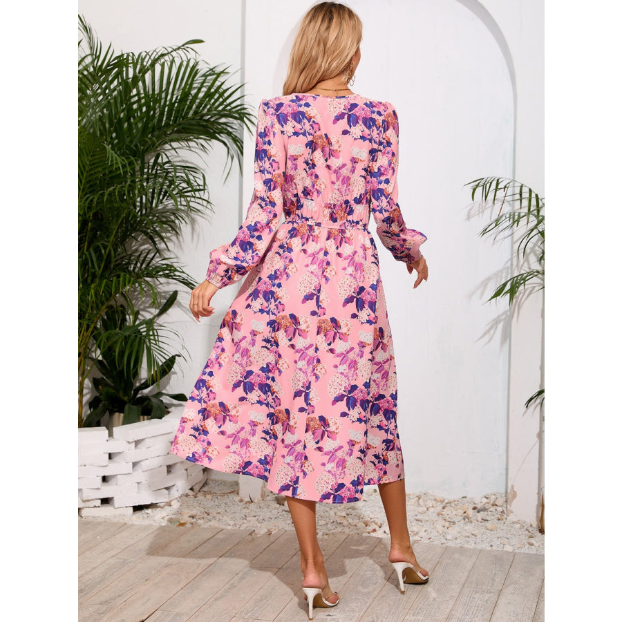 Printed Surplice Long Sleeve Midi Dress Dusty Pink / S Apparel and Accessories