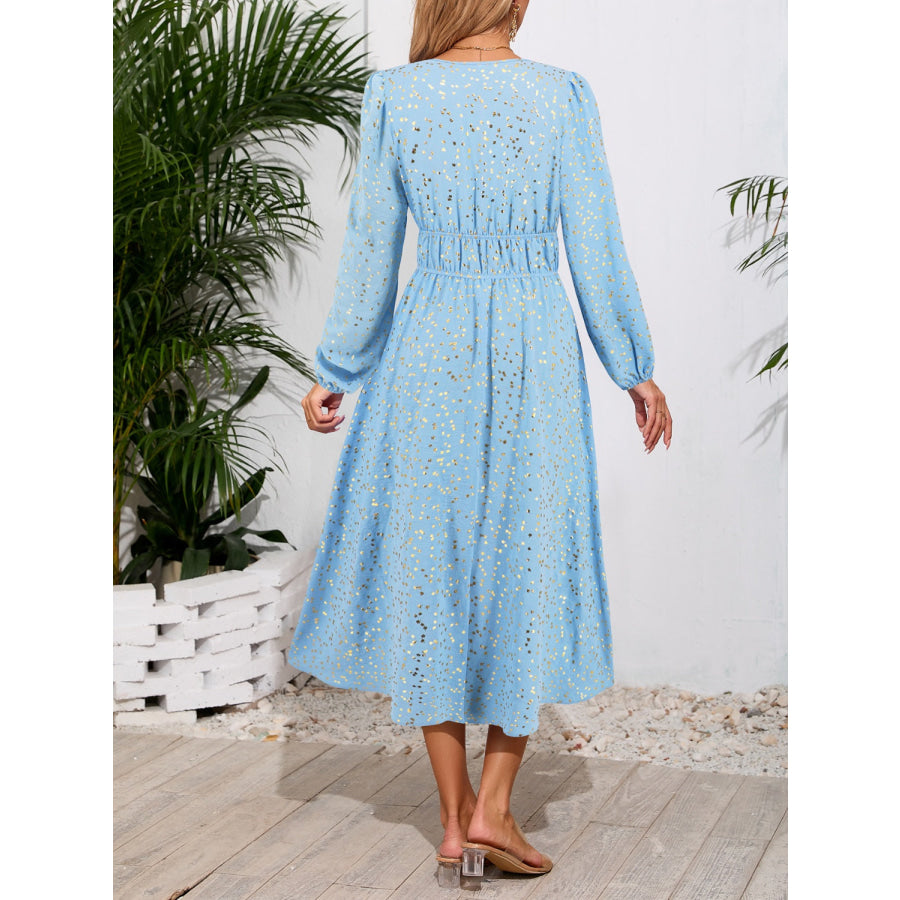 Printed Surplice Long Sleeve Midi Dress Light Blue / S Apparel and Accessories