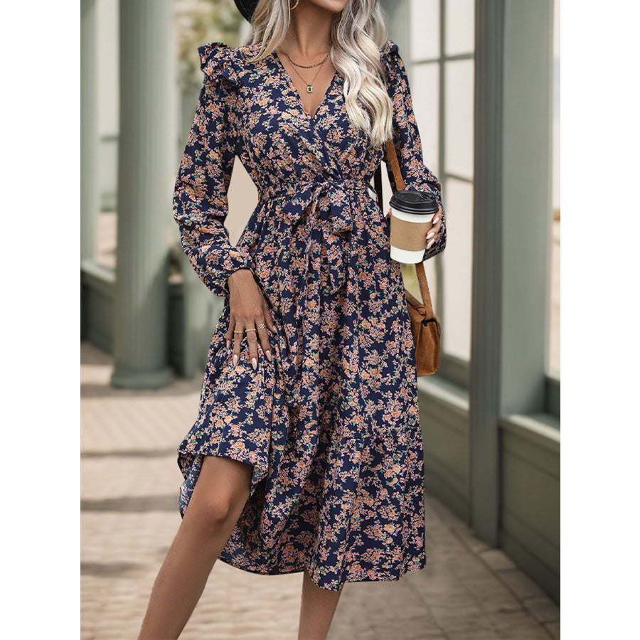 Printed Surplice Long Sleeve Midi Dress Dark Navy / S Apparel and Accessories