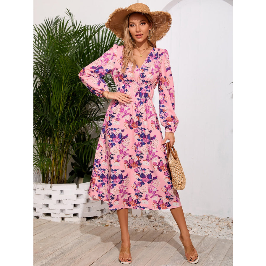 Printed Surplice Long Sleeve Midi Dress Dusty Pink / S Apparel and Accessories