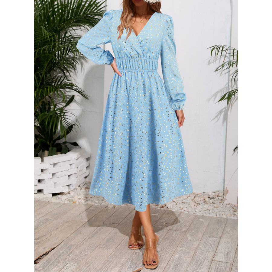 Printed Surplice Long Sleeve Midi Dress Light Blue / S Apparel and Accessories