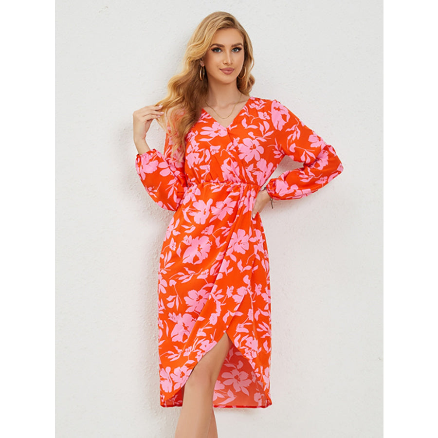 Printed Surplice Long Sleeve Midi Dress Orange / S Apparel and Accessories