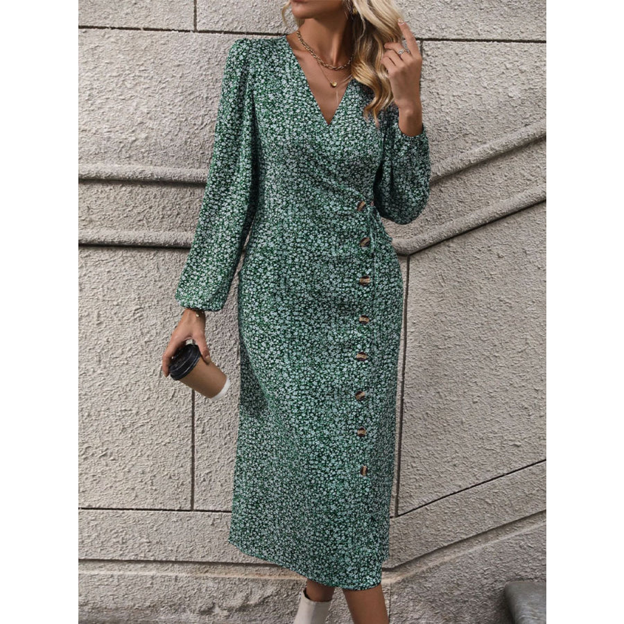 Printed Surplice Long Sleeve Midi Dress Turquoise / S Apparel and Accessories
