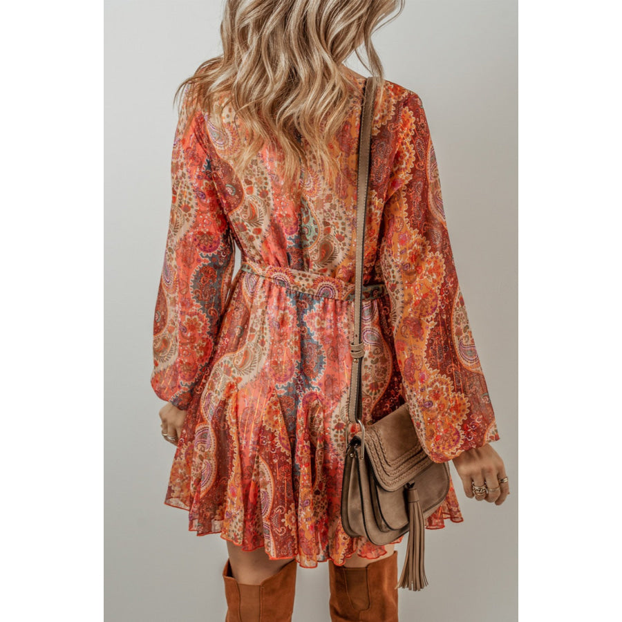 Printed Surplice Long Sleeve Mini Dress Apparel and Accessories