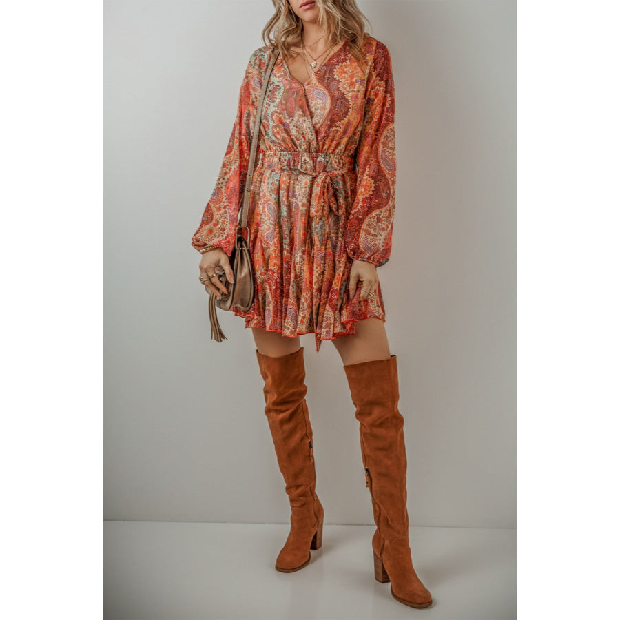 Printed Surplice Long Sleeve Mini Dress Apparel and Accessories