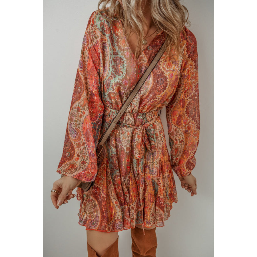 Printed Surplice Long Sleeve Mini Dress Apparel and Accessories