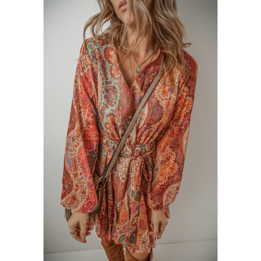 Printed Surplice Long Sleeve Mini Dress Orange / S Apparel and Accessories