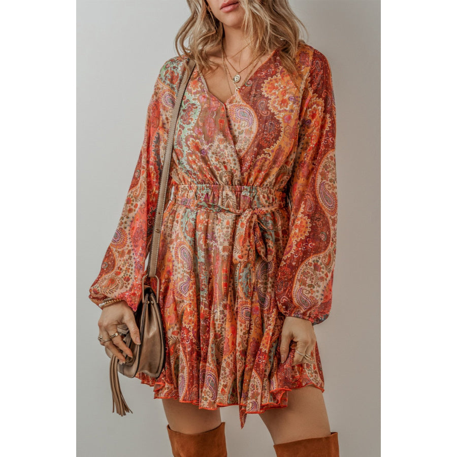 Printed Surplice Long Sleeve Mini Dress Orange / S Apparel and Accessories