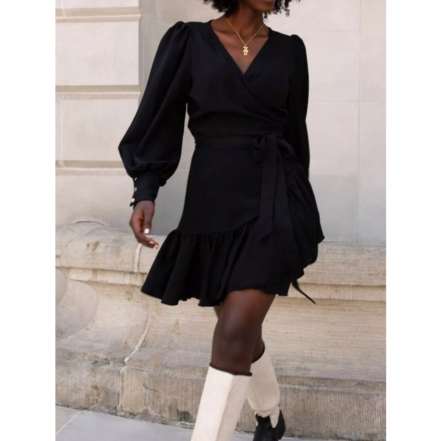 Printed Surplice Long Sleeve Wrap Mini Dress Apparel and Accessories