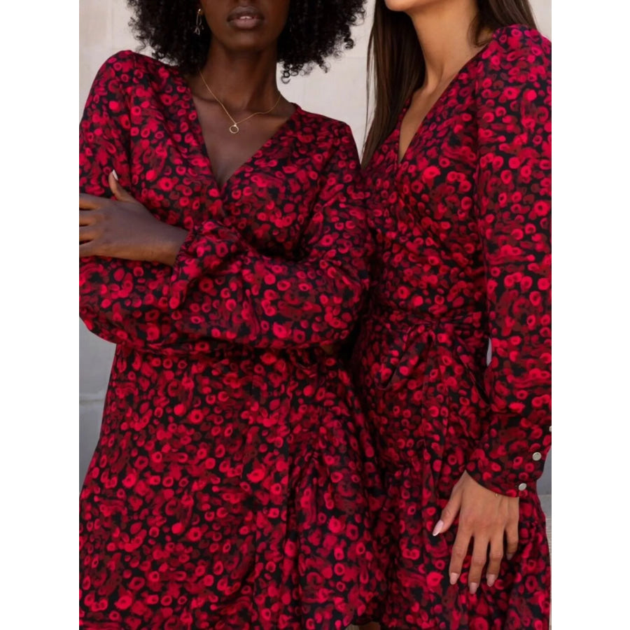 Printed Surplice Long Sleeve Wrap Mini Dress Deep Red / S Apparel and Accessories