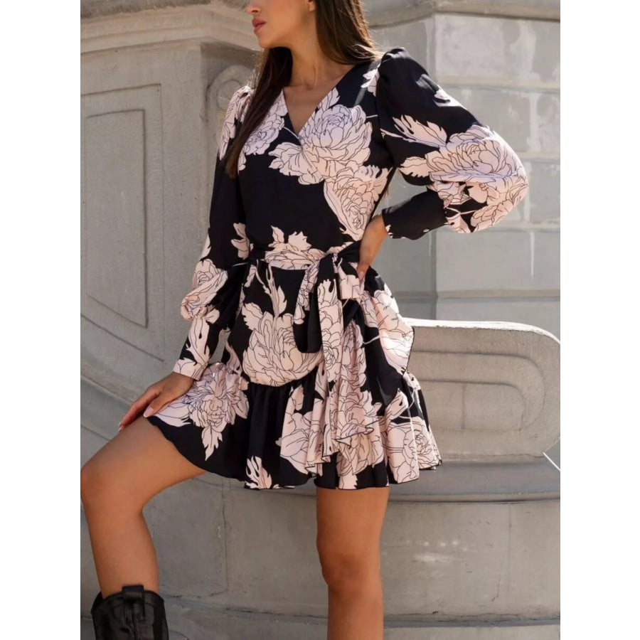 Printed Surplice Long Sleeve Wrap Mini Dress White / S Apparel and Accessories