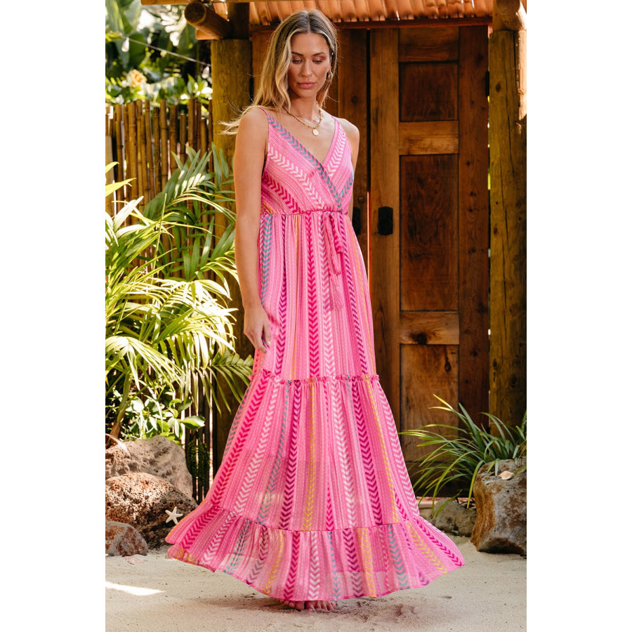 Printed Surplice Maxi Cami Dress Carnation Pink / S Apparel and Accessories