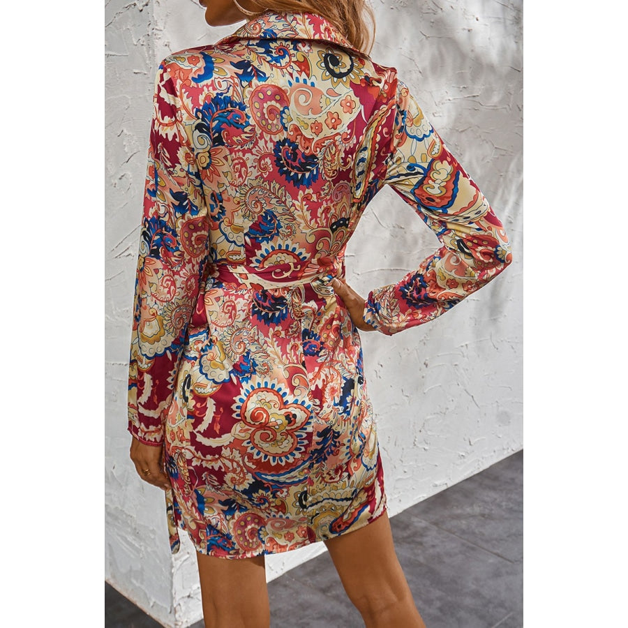 Printed Surplice Neck Long Sleeve Mini Dress Multicolor / S