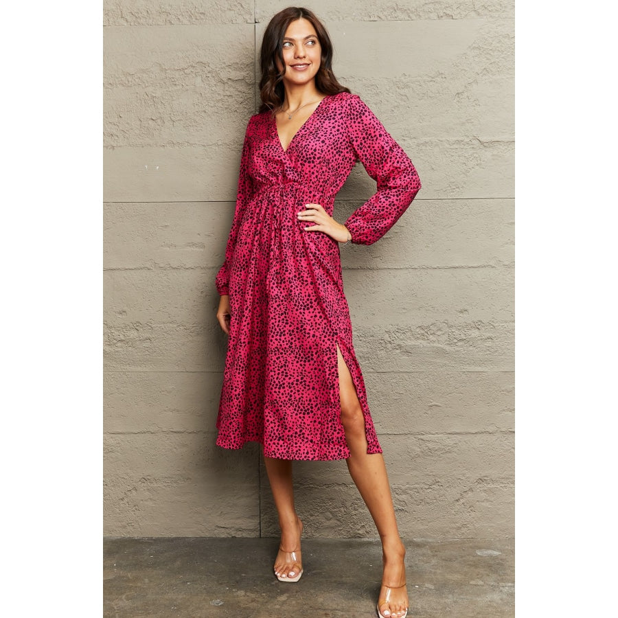 Printed Surplice Neck Long Sleeve Slit Dress Cerise / S