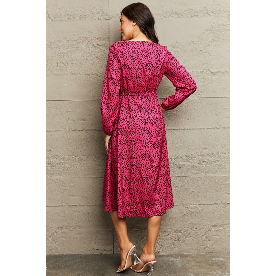 Printed Surplice Neck Long Sleeve Slit Dress Cerise / S