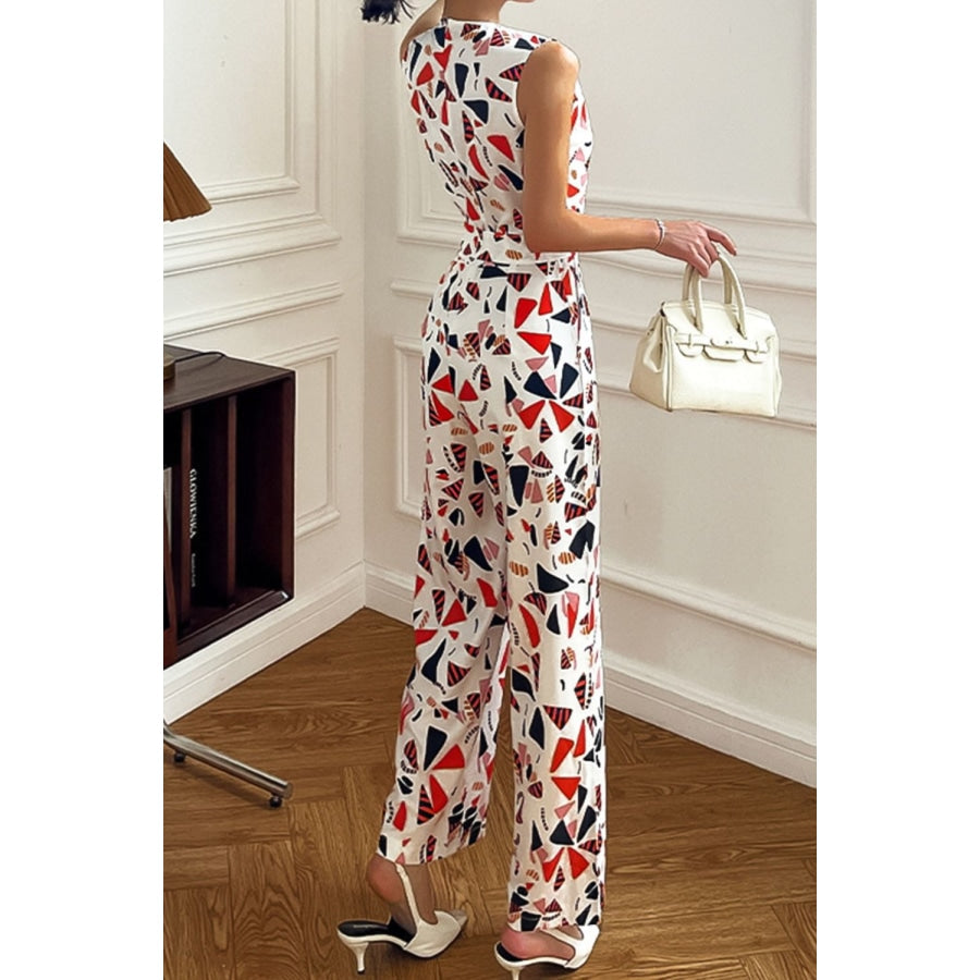 Printed Surplice Neck Sleeveless Jumpsuit