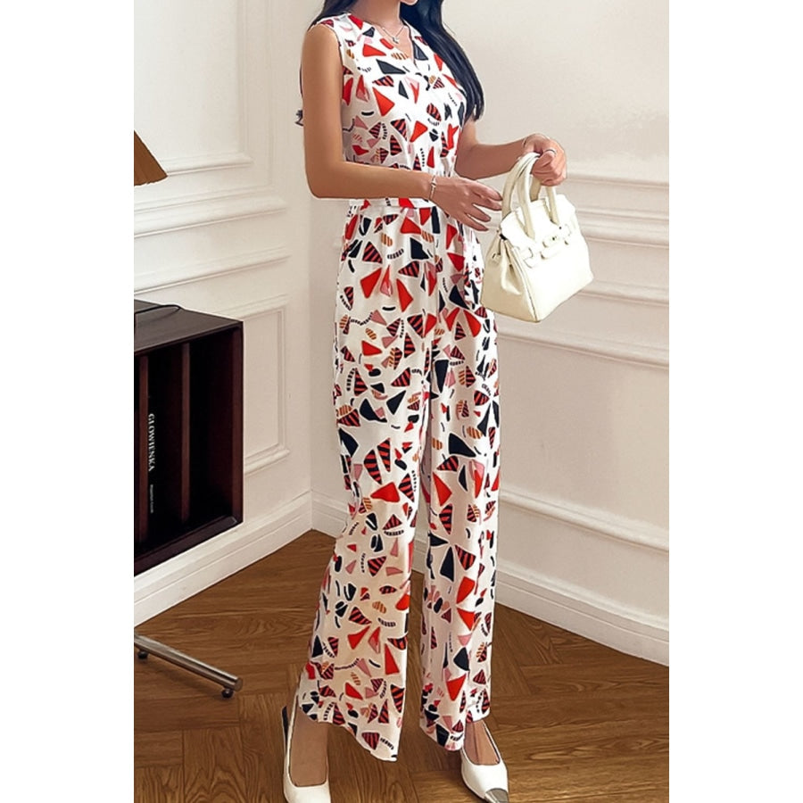 Printed Surplice Neck Sleeveless Jumpsuit