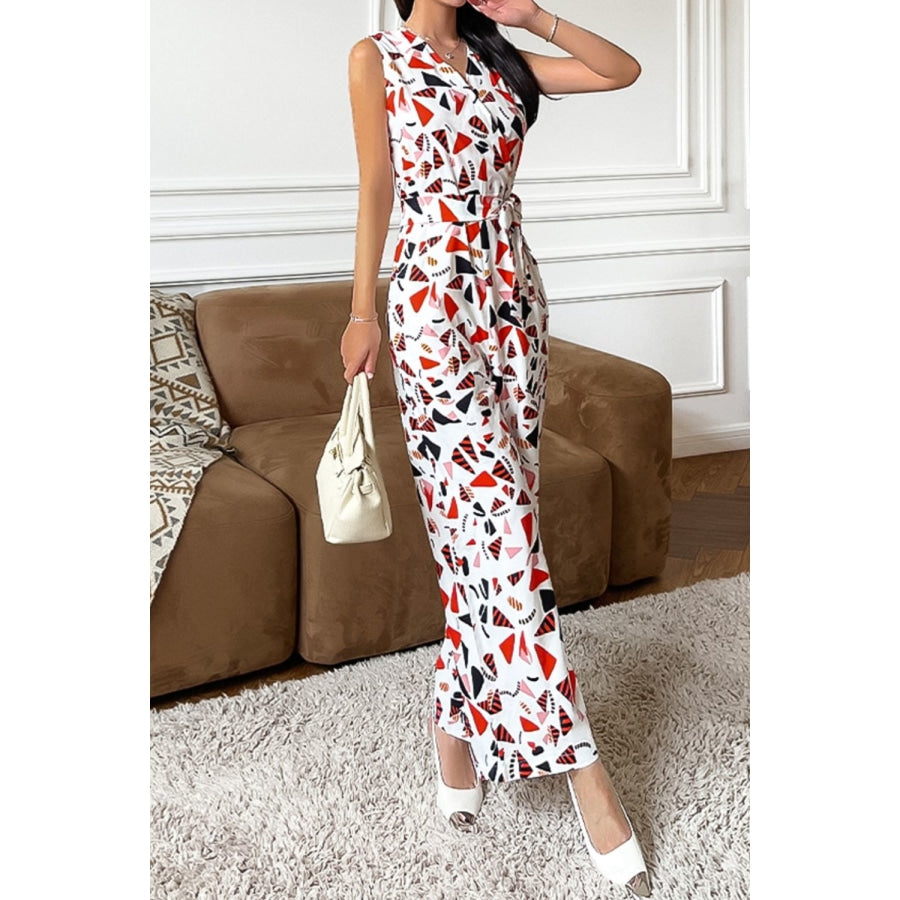 Printed Surplice Neck Sleeveless Jumpsuit