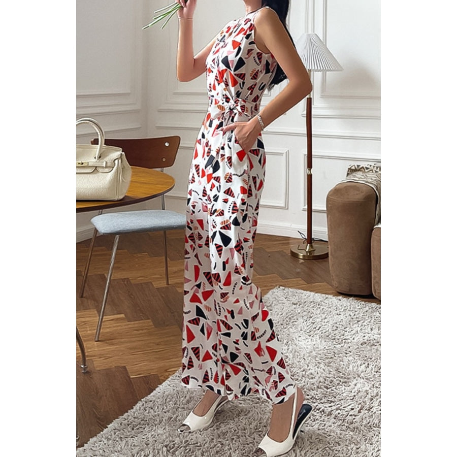 Printed Surplice Neck Sleeveless Jumpsuit