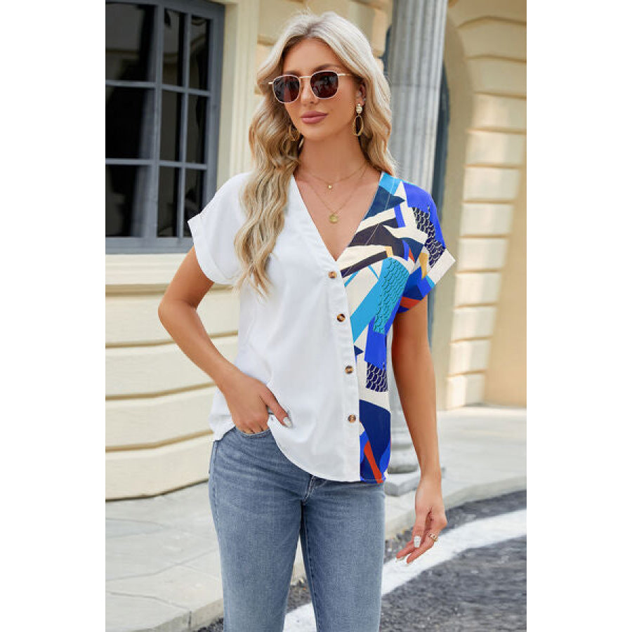 Printed Surplice Short Sleeve Blouse Apparel and Accessories