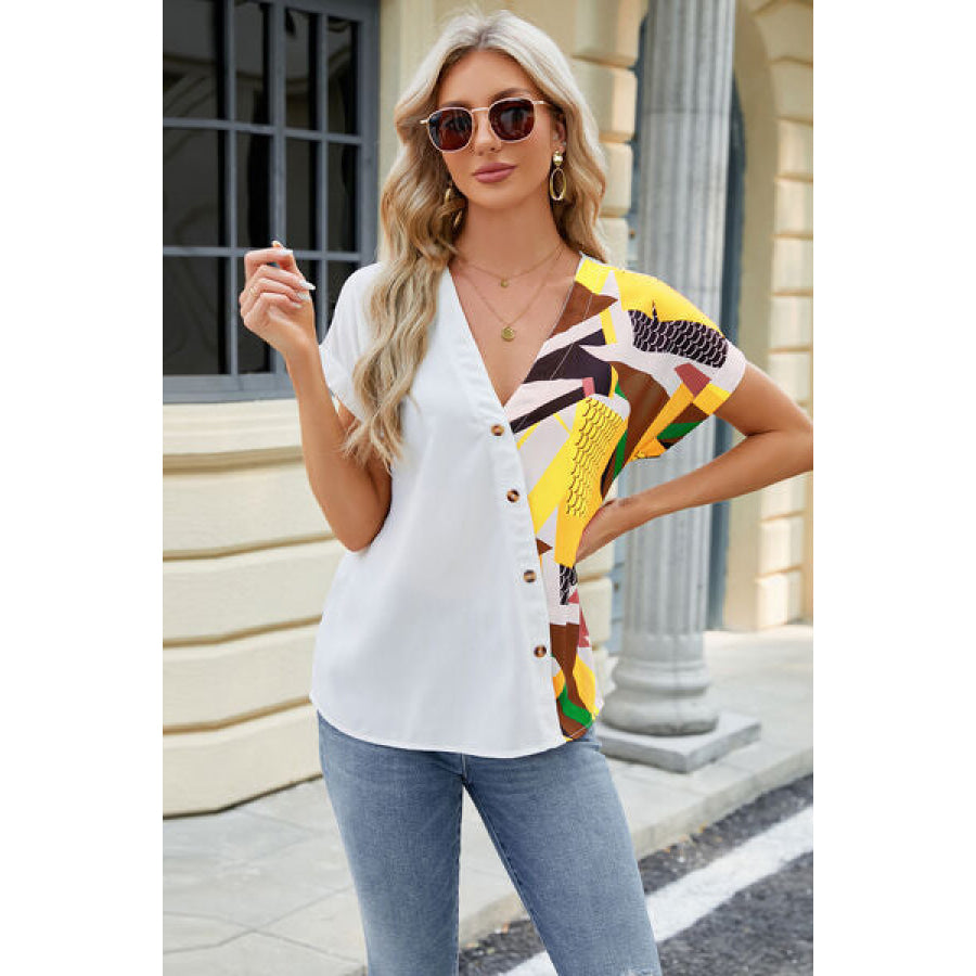 Printed Surplice Short Sleeve Blouse Apparel and Accessories