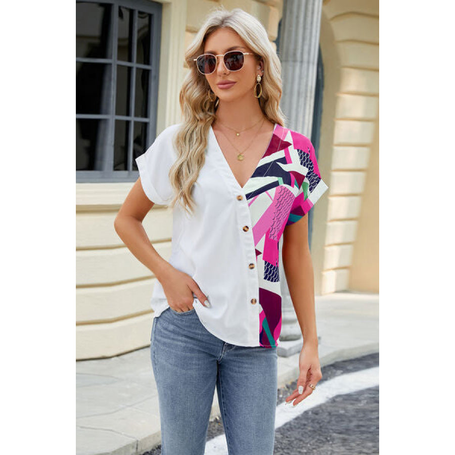 Printed Surplice Short Sleeve Blouse Hot Pink / S Apparel and Accessories