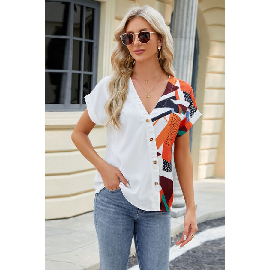 Printed Surplice Short Sleeve Blouse Orange / S Apparel and Accessories