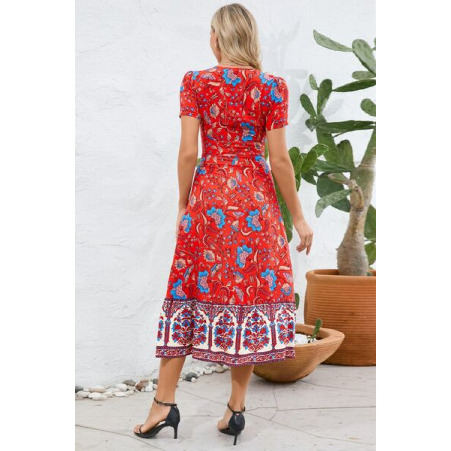 Printed Surplice Short Sleeve Dress Apparel and Accessories